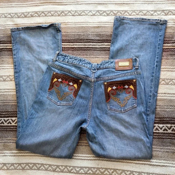 Vintage Lawman Jeans Sz 14/15 Western Bootcut Embroidered Gold Patchwork Arrows - Picture 2 of 12